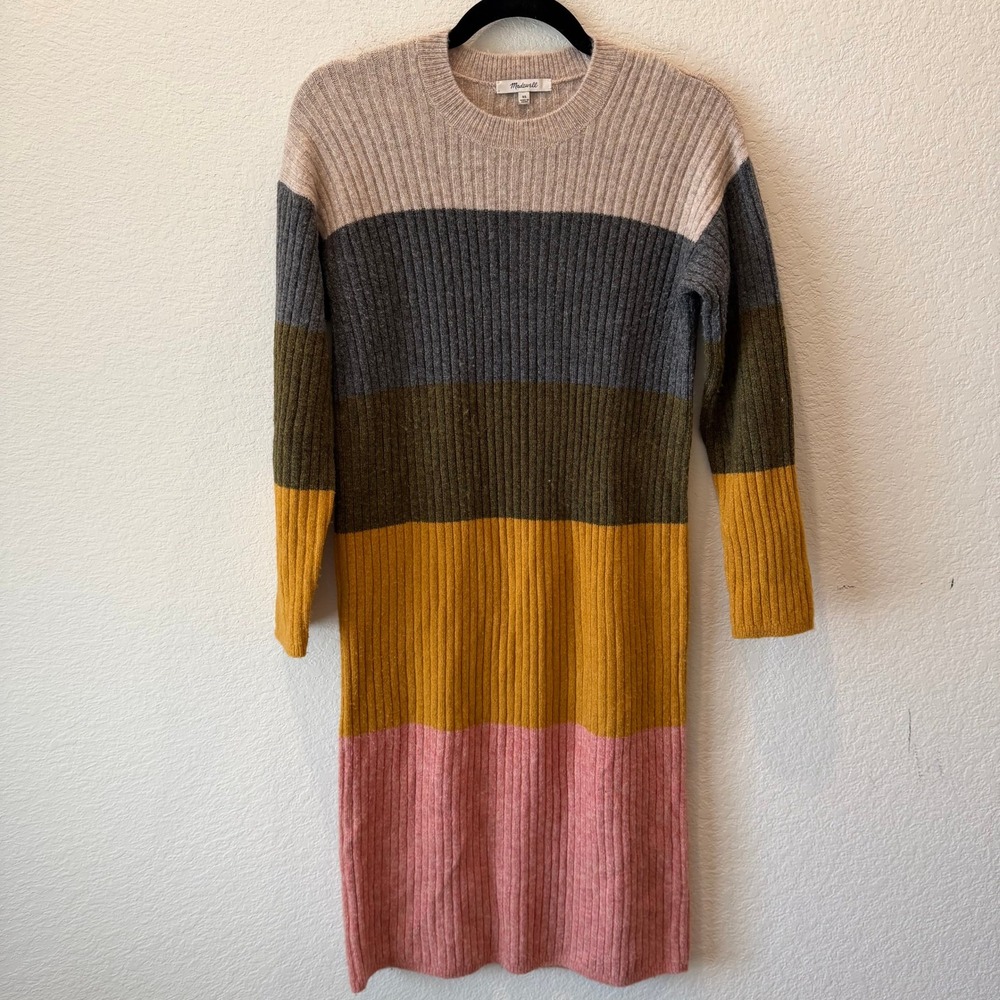 Madewell Women Ribbed Colorblock Sweater Dress XS Long Sleeve Striped Midi